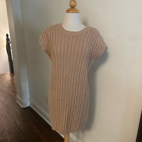 Entro Tan Sweater Dress with Crew Neck and Ribbed Knit - Picture 2 of 6